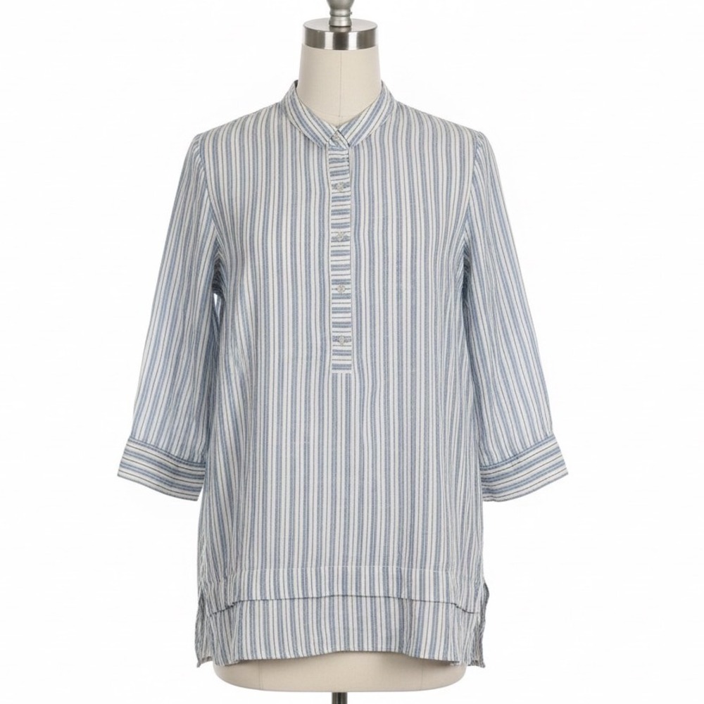 J. Jill Love Linen Tunic Womens Medium Blue White Striped 3/4 Sleeve Henley Top